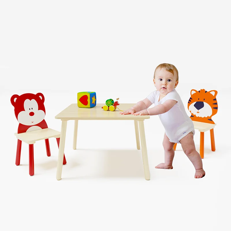 (Bear & Tiger) Wooden 3 Piece Toddler Activity Table and Chair Set,