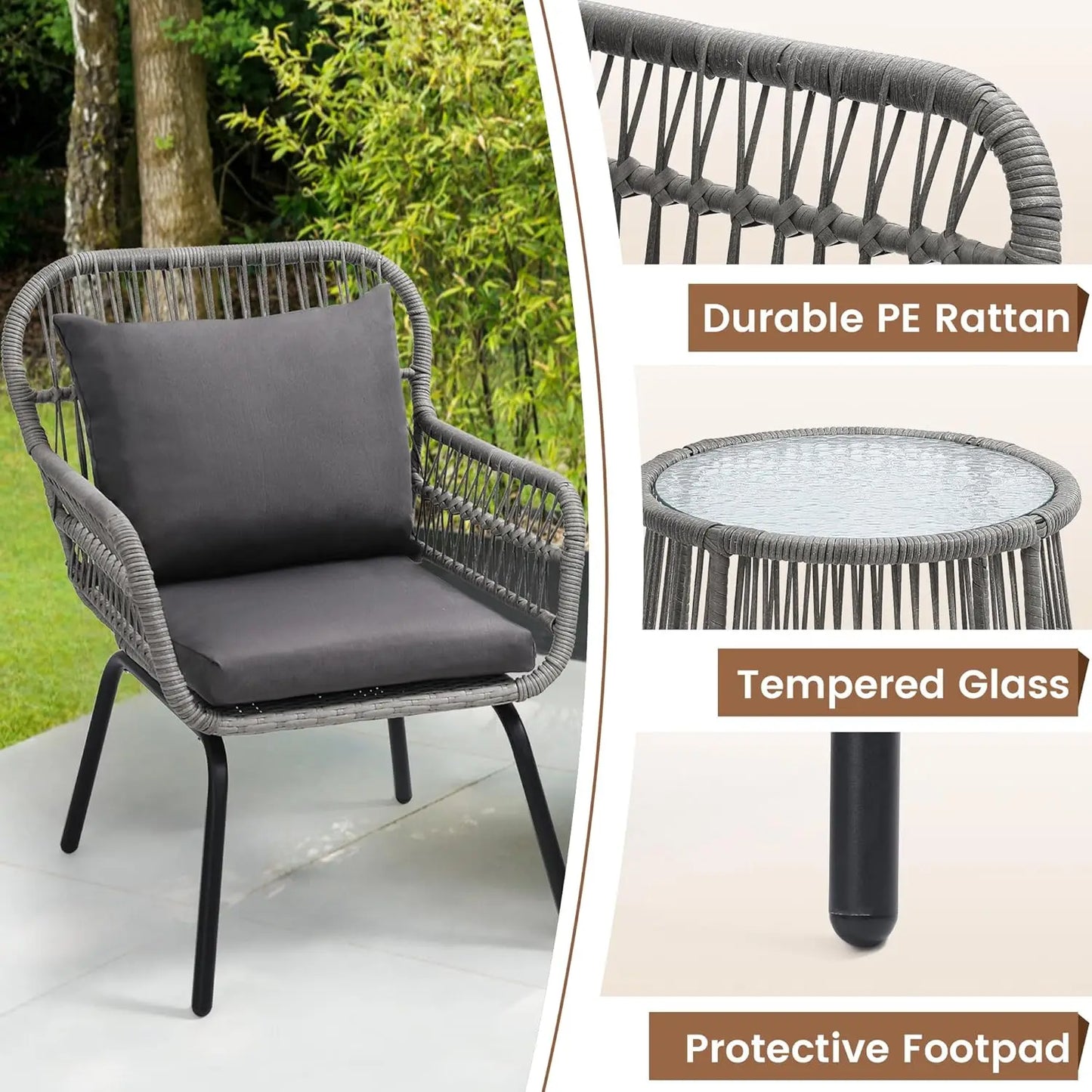 3 Piece Rattan Wicker Bistro Set, Grey