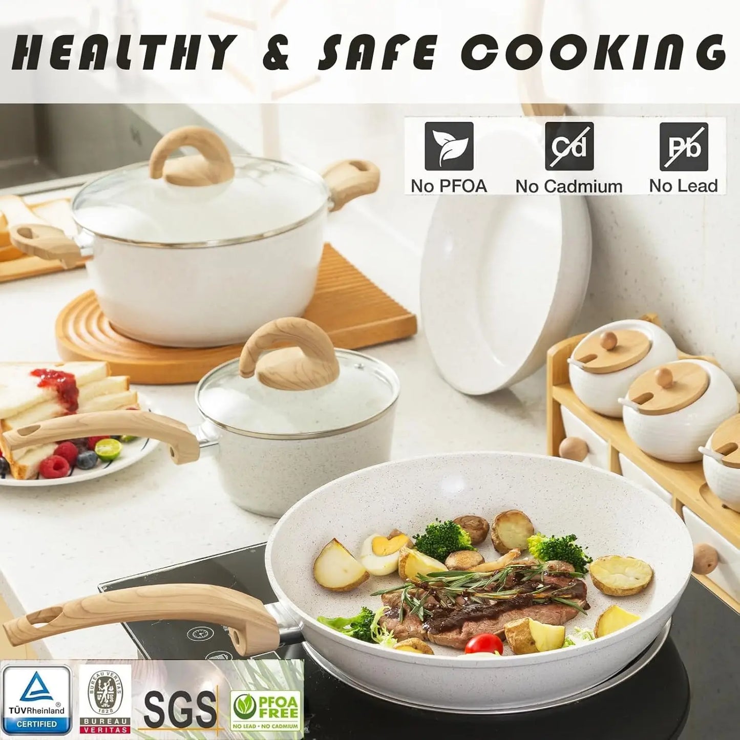 Pink Ceramic Non Stick Cookware Set with Granite Pattern