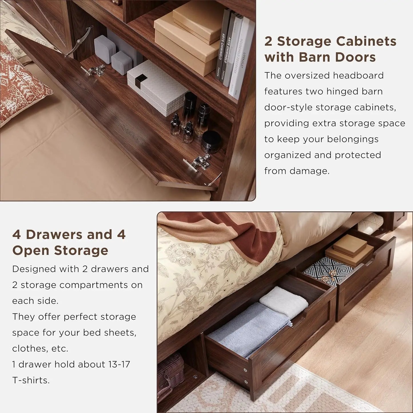 Farmhouse King Size Wood Bed Frame with 52" Tall Storage Headboard and 4 Drawers,LED Light,Charging Station