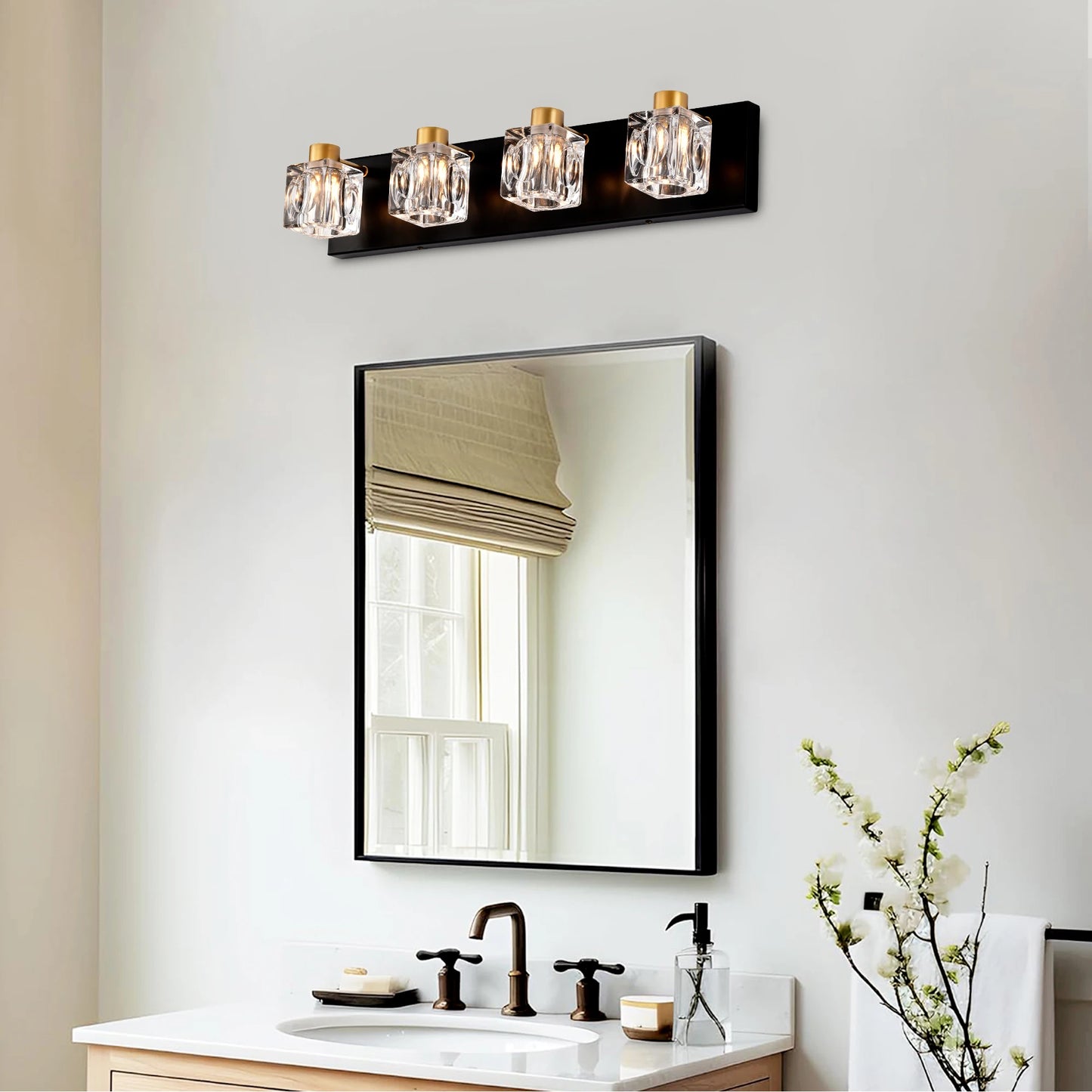 4-Light Matte Black + Gold Bathroom Light Fixture with Crystal Glass Shade