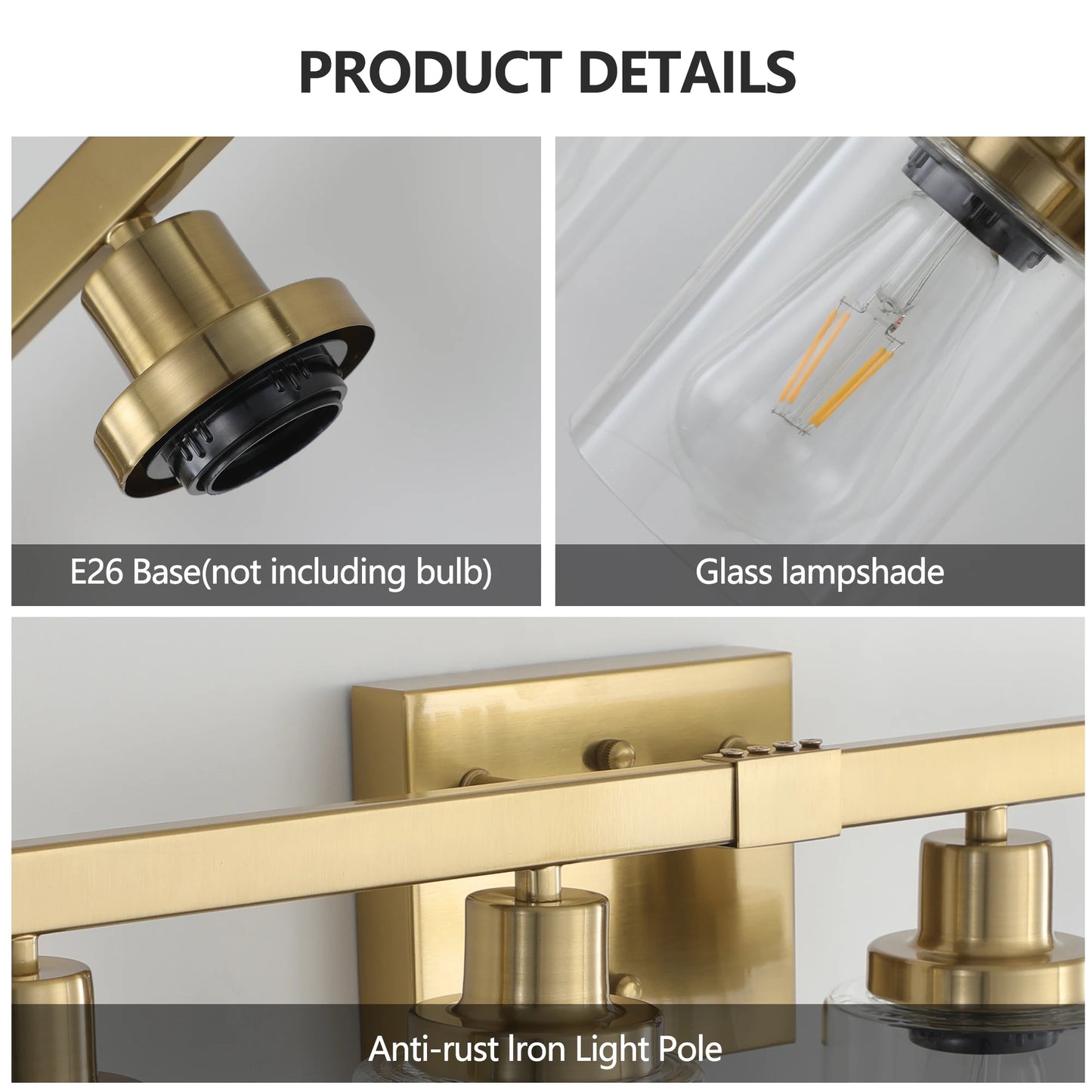 4 Lights Gold Bathroom Vanity Mirror Wall Sconce with Glass Shade