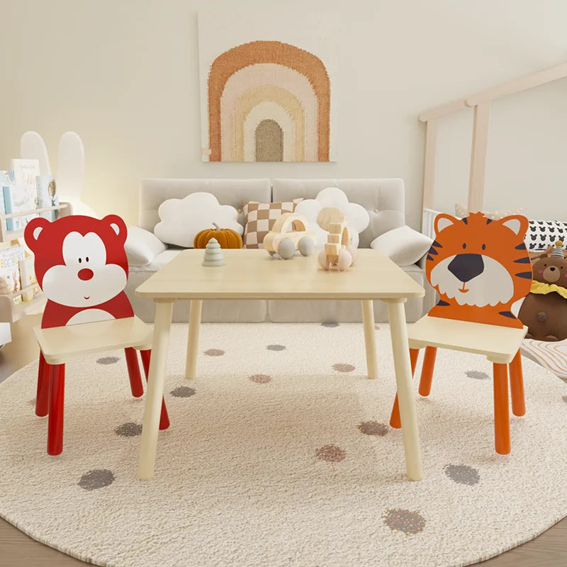 (Bear & Tiger) Wooden 3 Piece Toddler Activity Table and Chair Set,