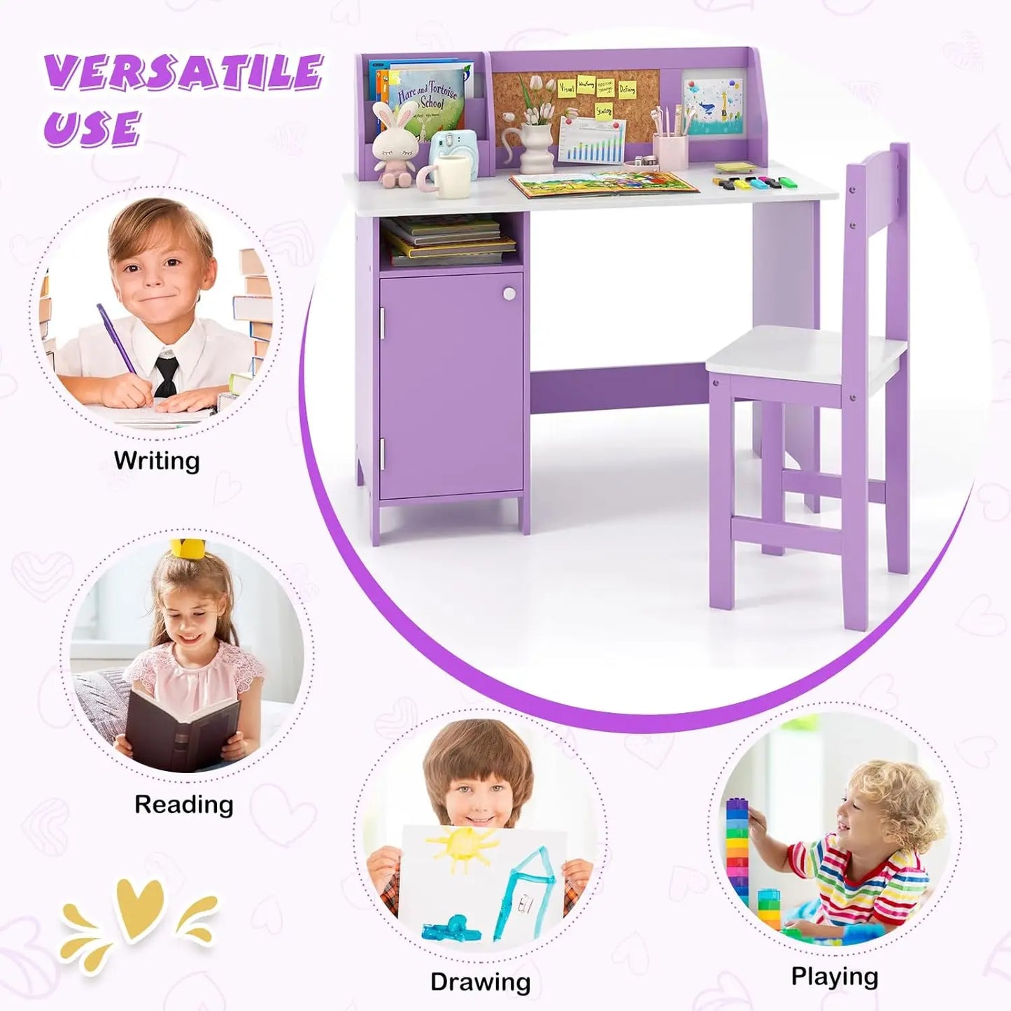 Kids' Wooden Desk and Chair Set, Purple