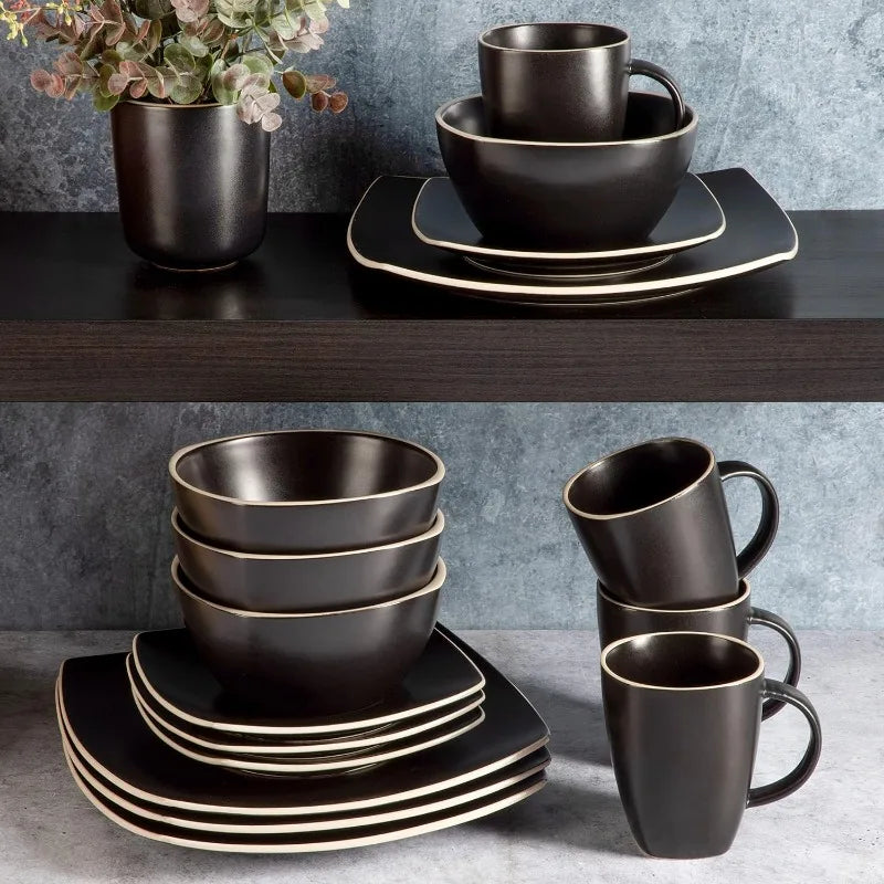 Lounge Tableware Set, Service for 4 People (16 Pieces), Matte Black