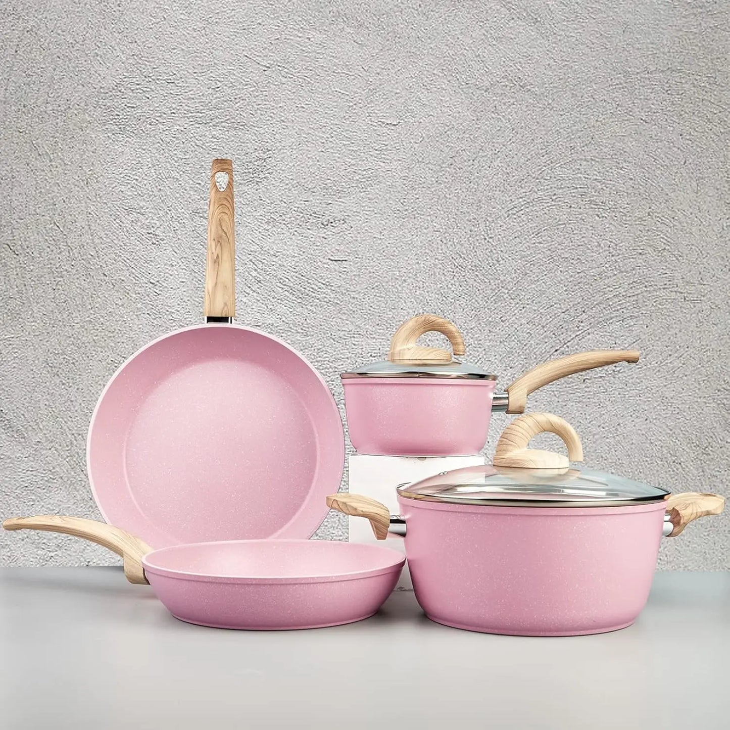 Pink Ceramic Non Stick Cookware Set with Granite Pattern