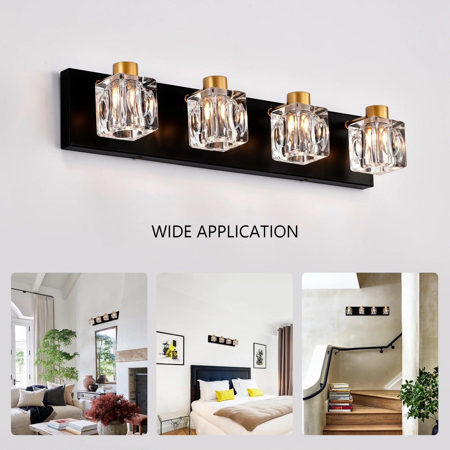 4-Light Matte Black + Gold Bathroom Light Fixture with Crystal Glass Shade