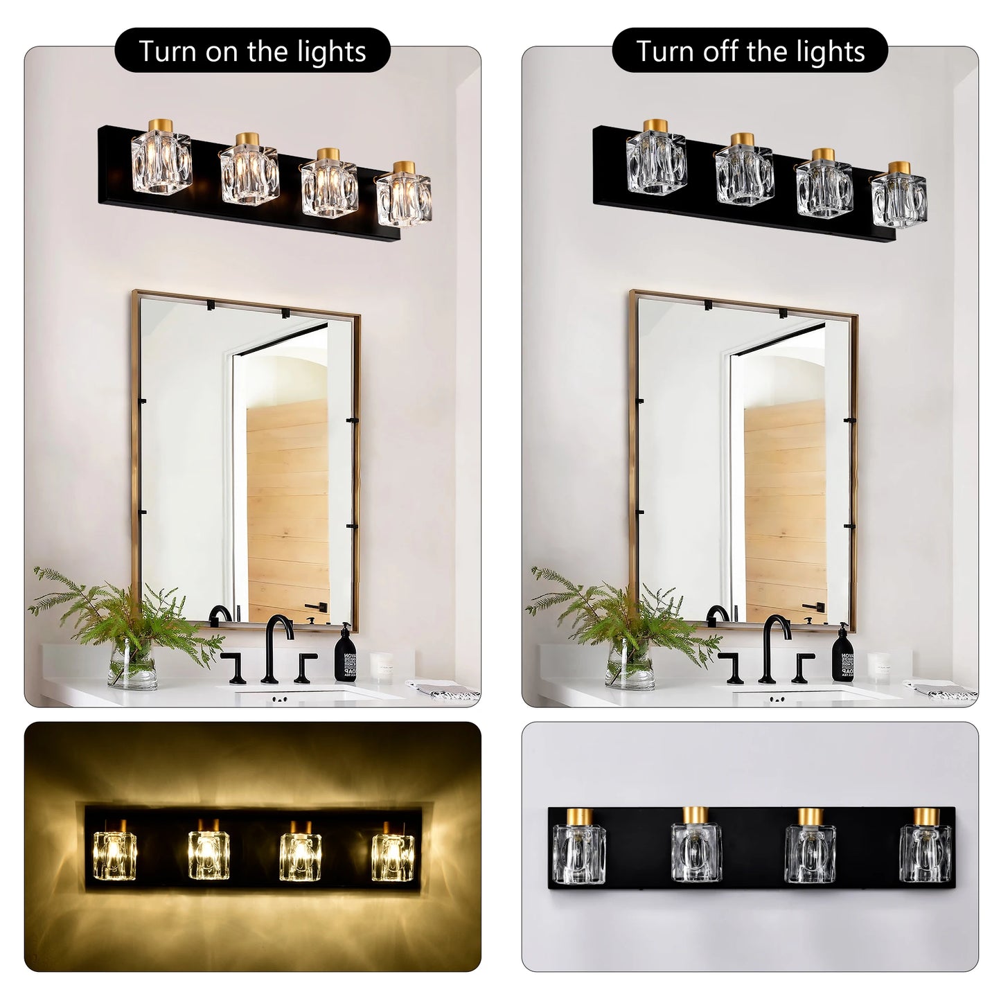 4-Light Matte Black + Gold Bathroom Light Fixture with Crystal Glass Shade
