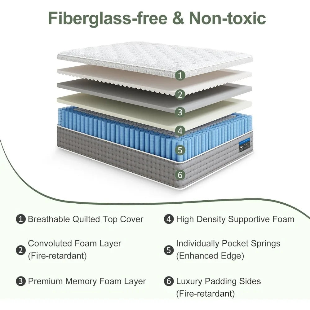 14 Inch- Gel Memory Foam with Individual Pocket Springs for Motion Isolation - Hybrid Bed Mattress