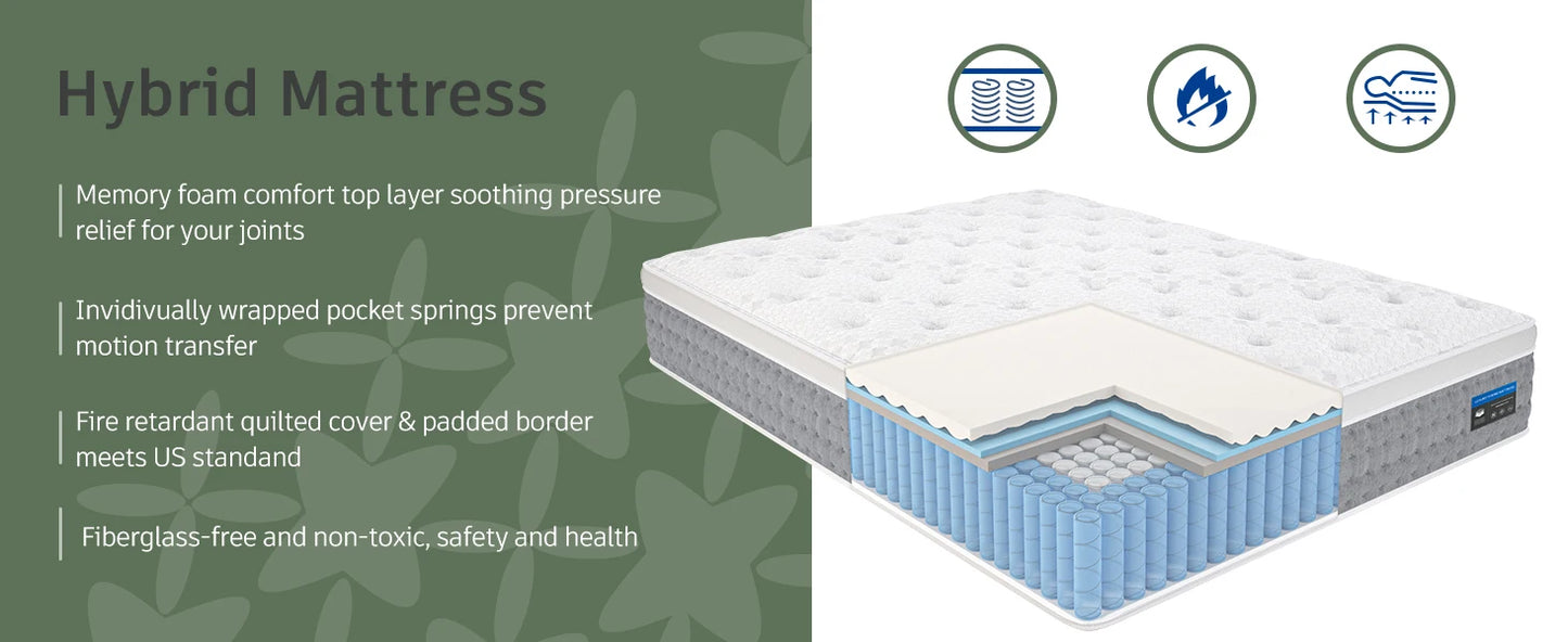 14 Inch- Gel Memory Foam with Individual Pocket Springs for Motion Isolation - Hybrid Bed Mattress