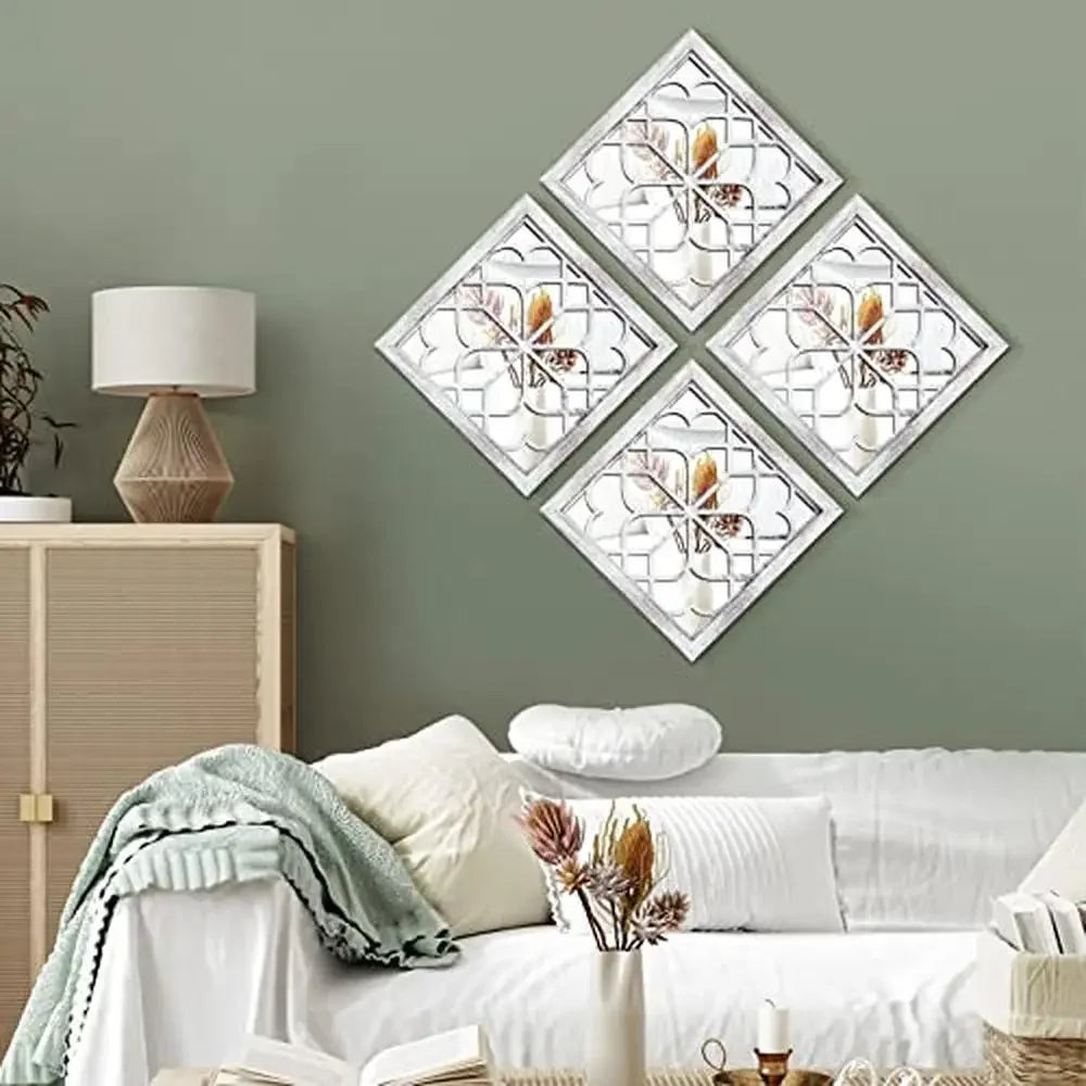 4-Pack 12x12 Inch Square Rustic White Decorative Wall Mirrors