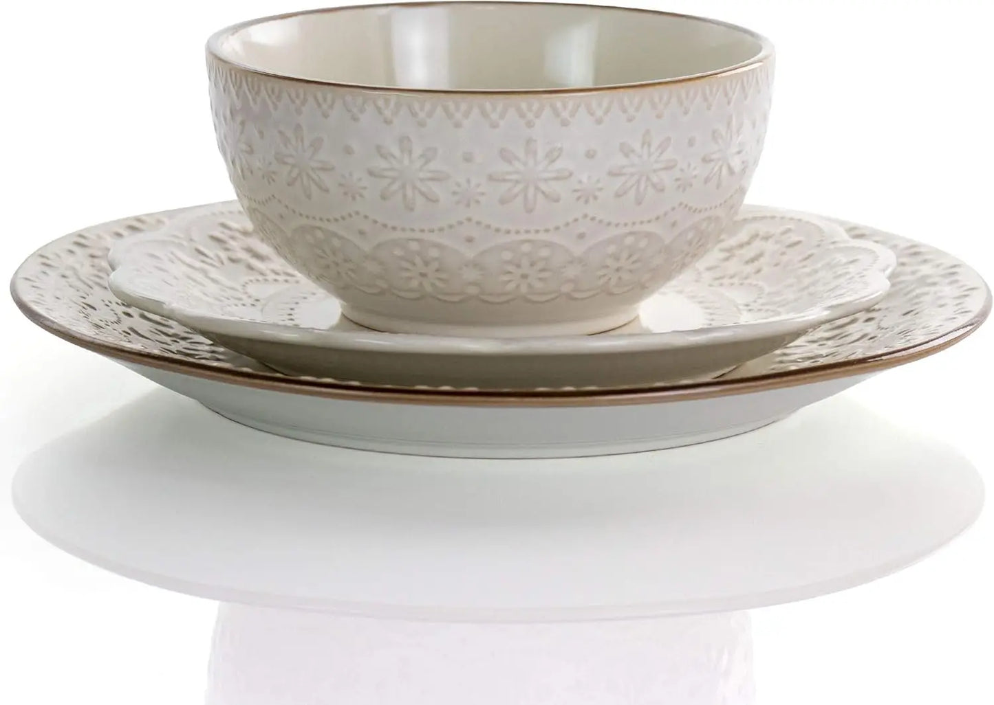 Elama Embossed Scalloped Stoneware Dinnerware Set, 16 Piece, Ivory