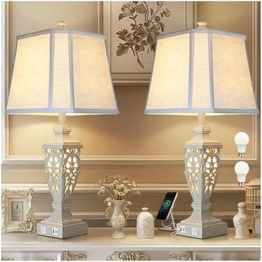 28.5" Rustic White Linen Cut Table Lamps, Set of 2