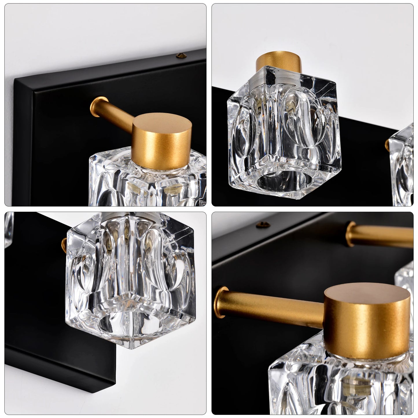 4-Light Matte Black + Gold Bathroom Light Fixture with Crystal Glass Shade
