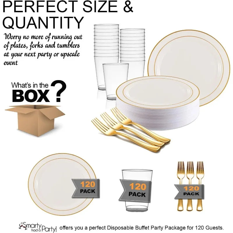 Elegant White with Gold Rim Disposable Plastic Buffet Party Set for 120 Guests