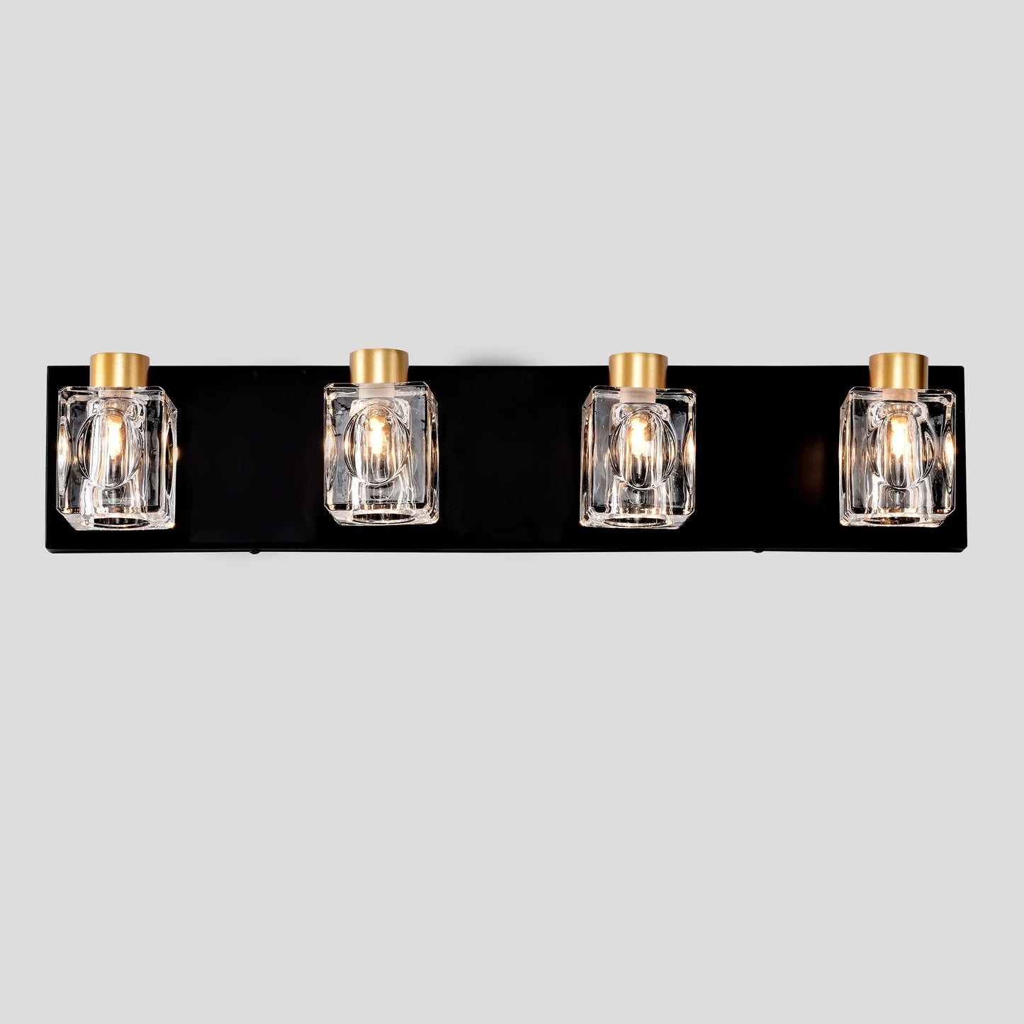 4-Light Matte Black + Gold Bathroom Light Fixture with Crystal Glass Shade