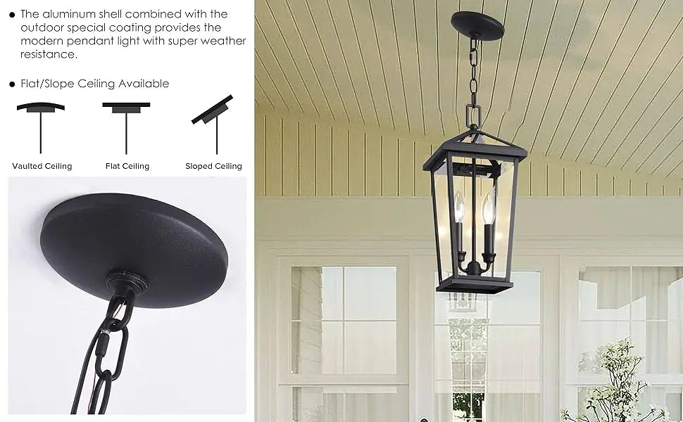 2 piece Height Adjustable Hanging Porch Lights, Black Lamp(Glass Lampshade)