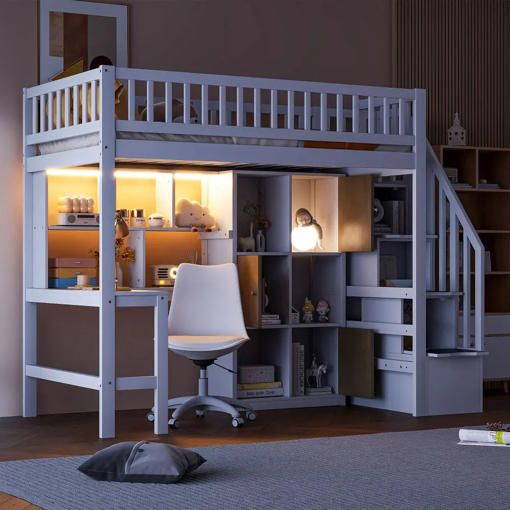 Wood Twin Size Loft Bed with Built-in Desk