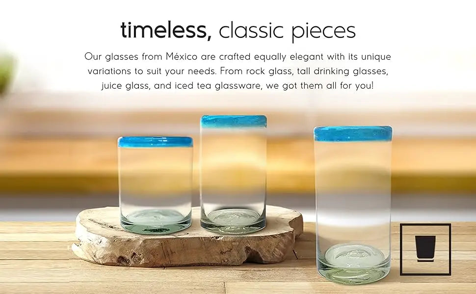 Blue Rim 120 oz Pitcher and 6 Drinking Glasses set, Recycled Glass, Lead-free, Toxin-Free