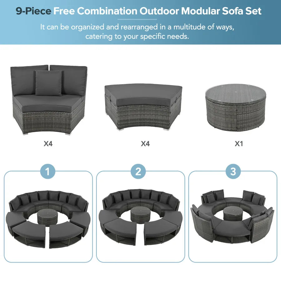 9-Piece Outdoor Circular Patio Sofa Set w/ Tempered Glass Coffee Table & 6 Pillows