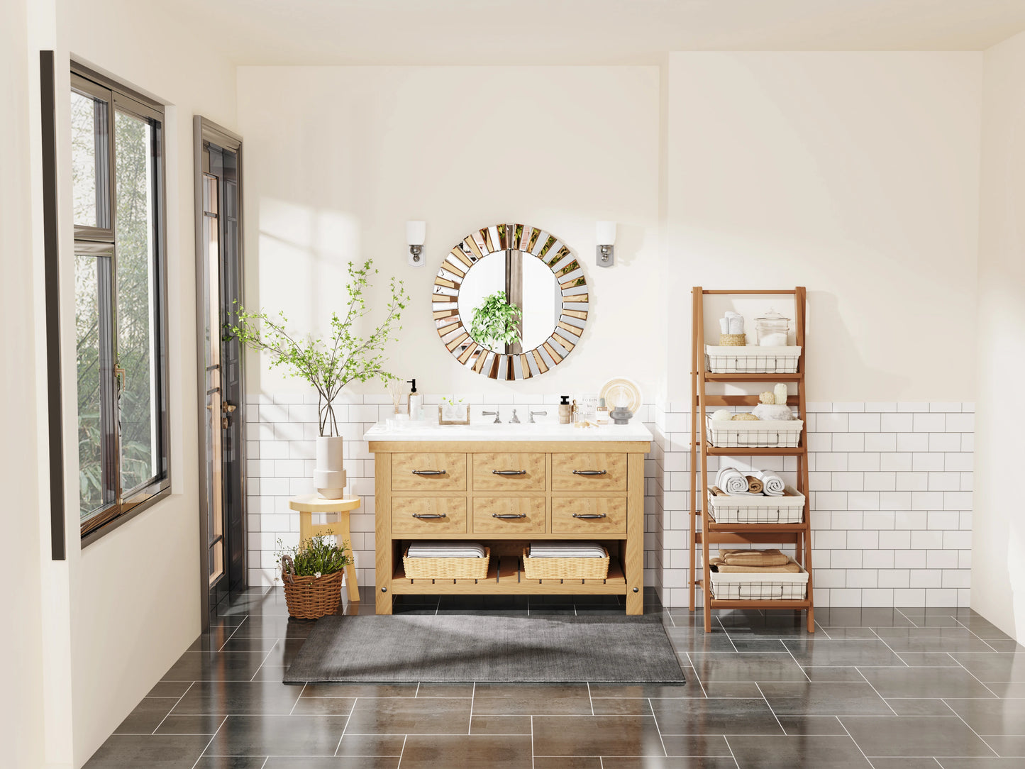 Beveled Edge Round Sunburst Wall Mirror