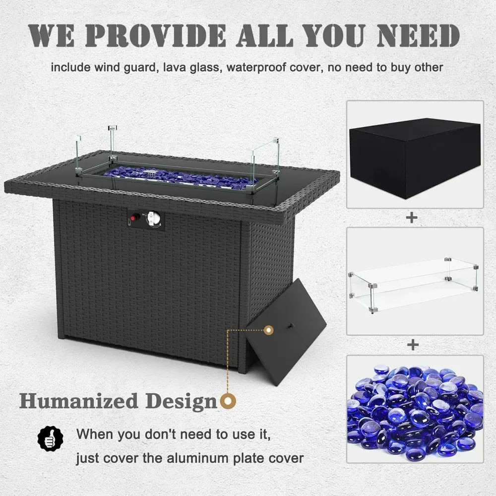 10 Piece High Back Wicker Rattan Patio Set with Fire Pit Table, Black /Navy Blue