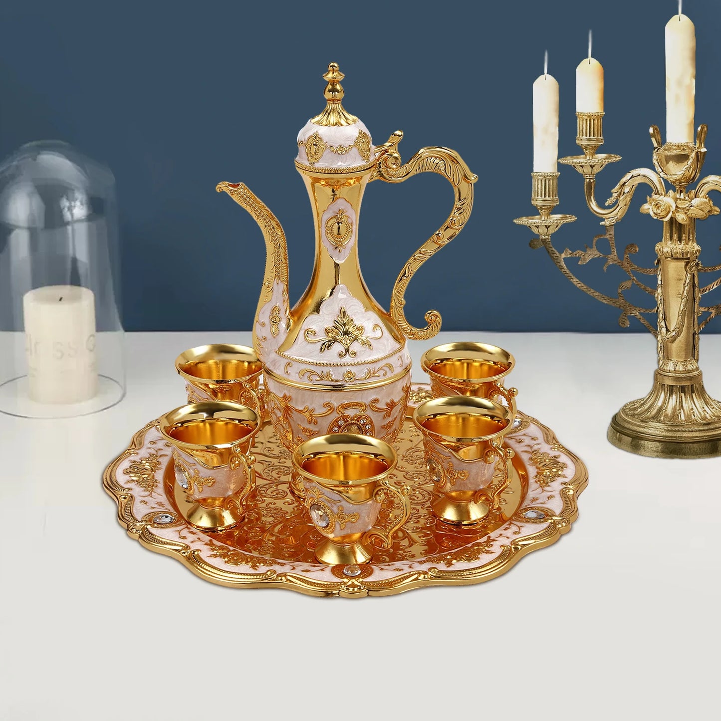 Vintage Turkish Coffee Pot Set with 6 Cups and Tray