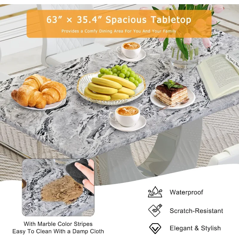 63'' Grey Faux Marble Dining Room Table Set