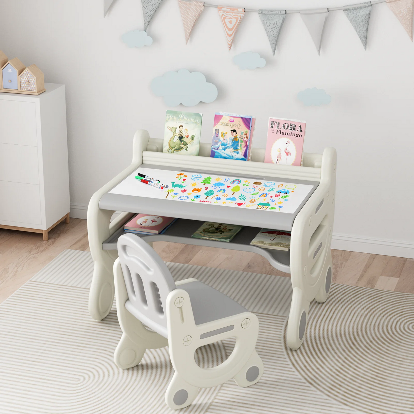 Kids Drawing Table and Chair Set, Gray & White