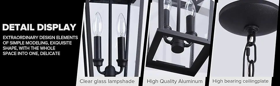2 piece Height Adjustable Hanging Porch Lights, Black Lamp(Glass Lampshade)