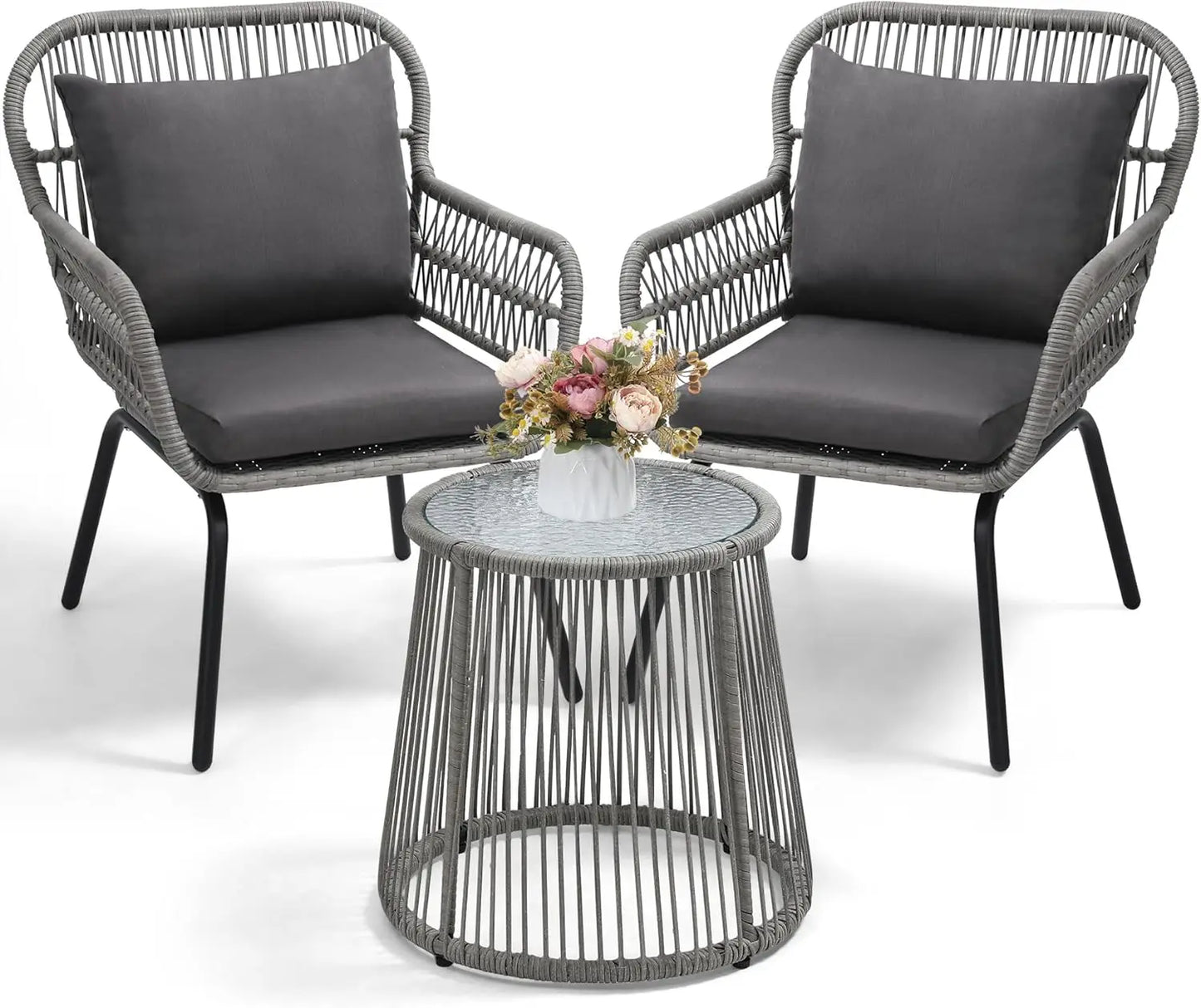 3 Piece Rattan Wicker Bistro Set, Grey