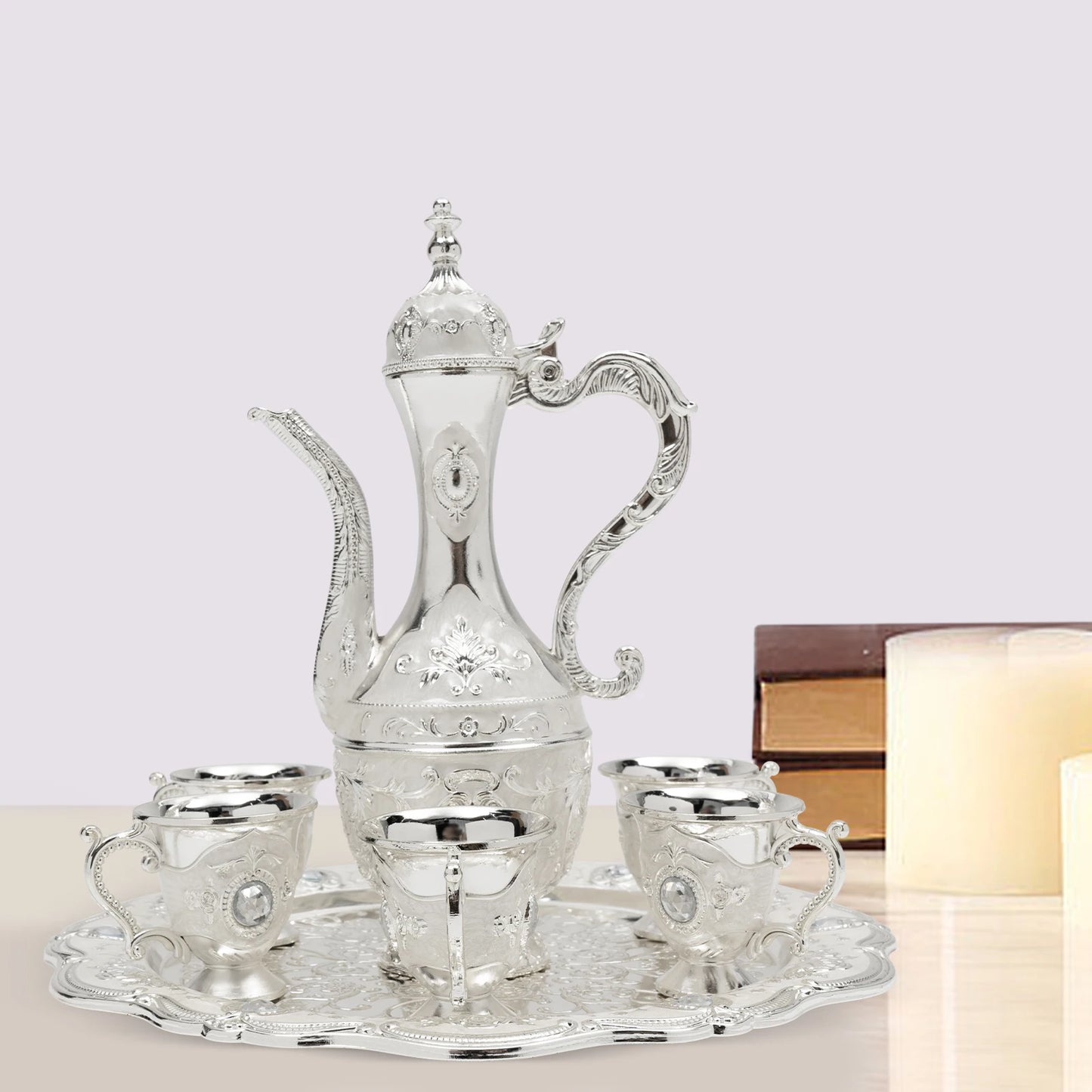 Vintage Turkish Coffee Pot Set with 6 Cups and Tray
