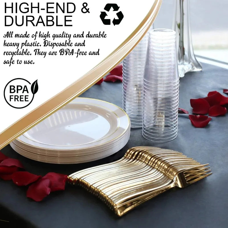 Elegant White with Gold Rim Disposable Plastic Buffet Party Set for 120 Guests