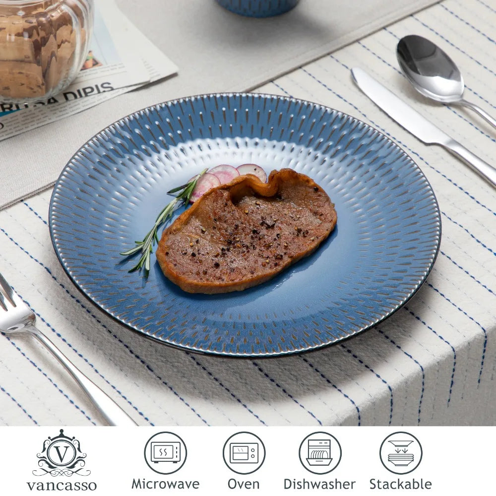 VANCASSO PLUVO 16PCS Blue Embossed Stoneware Set