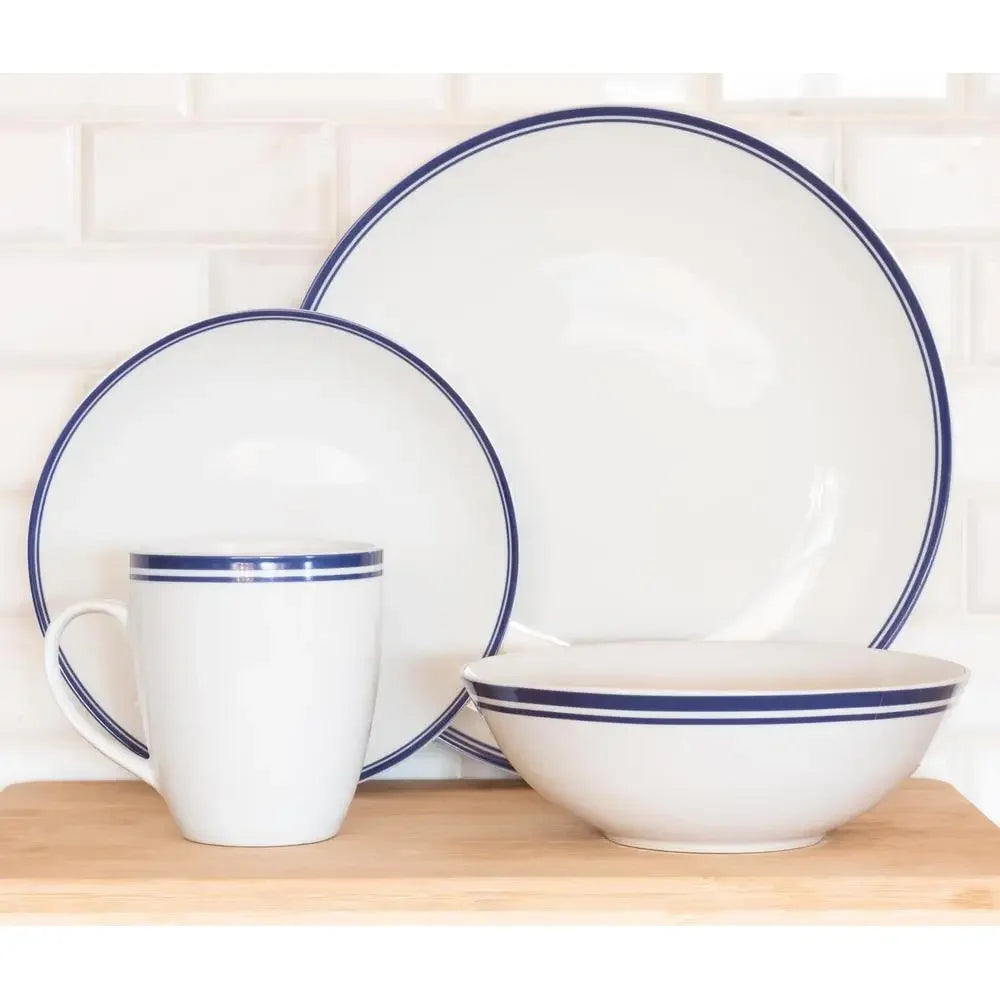 16-Piece Blue Double Banded Rim Ceramic Dinnerware Set