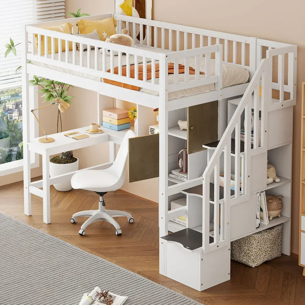 Wood Twin Size Loft Bed with Built-in Desk