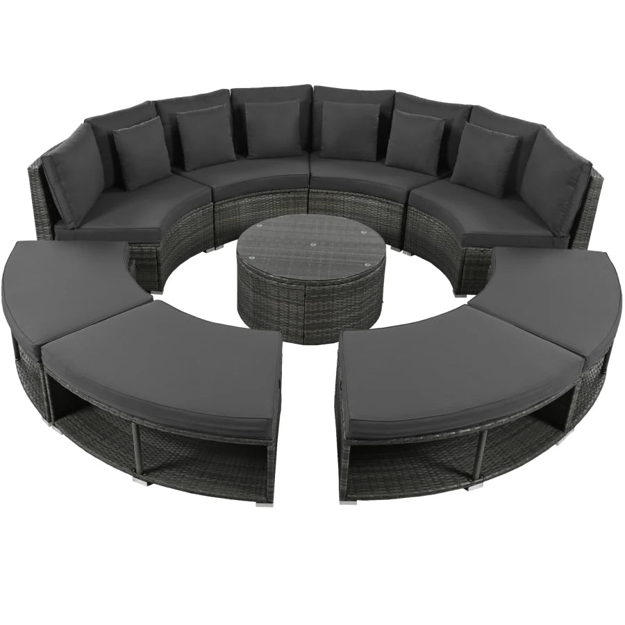 9-Piece Outdoor Circular Patio Sofa Set w/ Tempered Glass Coffee Table & 6 Pillows