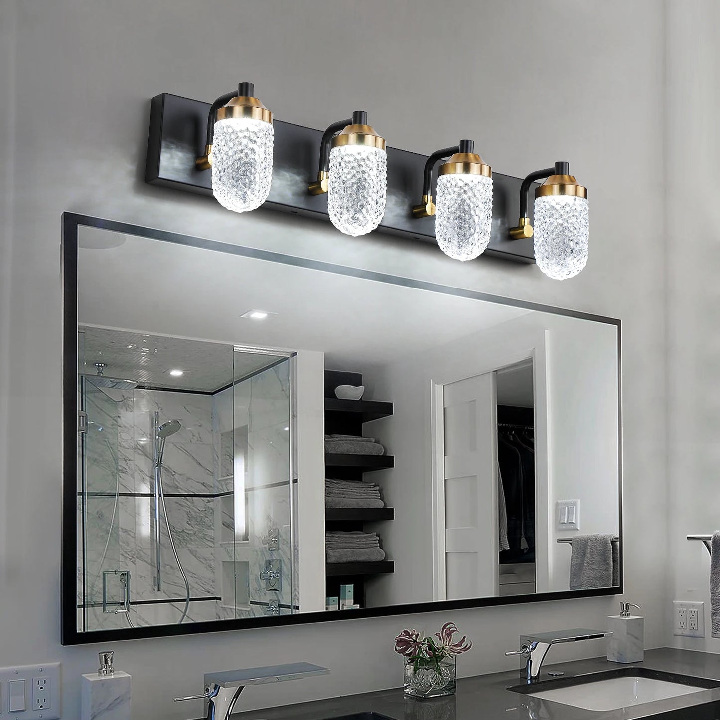 4 Light Crystal Black Gold Contemporary LED Bathroom Wall Sconce