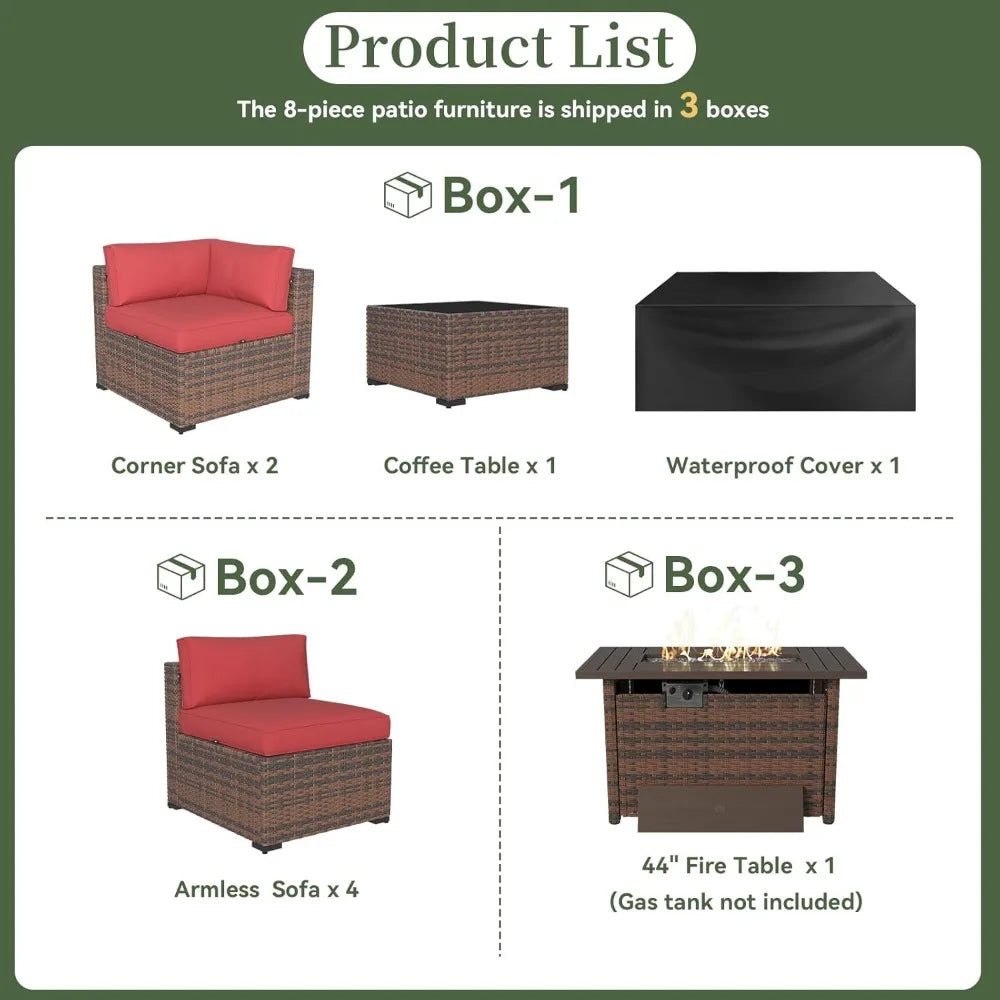 8-Piece Rattan Outdoor Furniture Set with 44 Fire Pit Table, Red