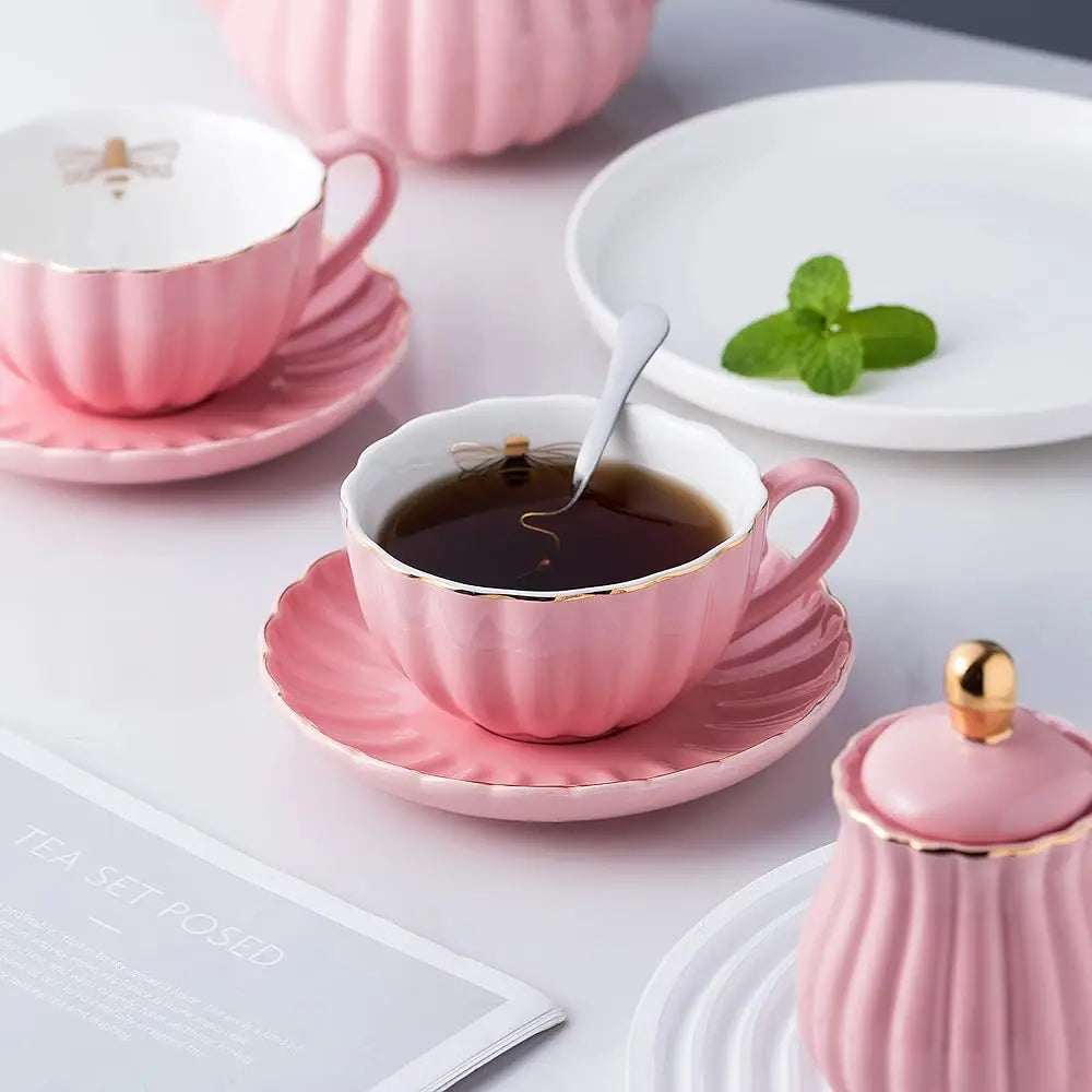 Pink Fine China Coffee/Teacup Set, Service For 4