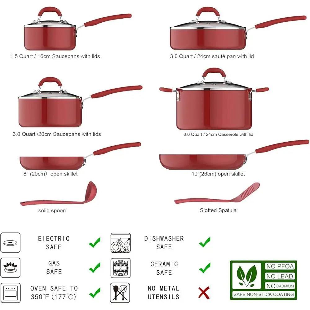 12pc Nonstick Aluminum Cookware Set, Red