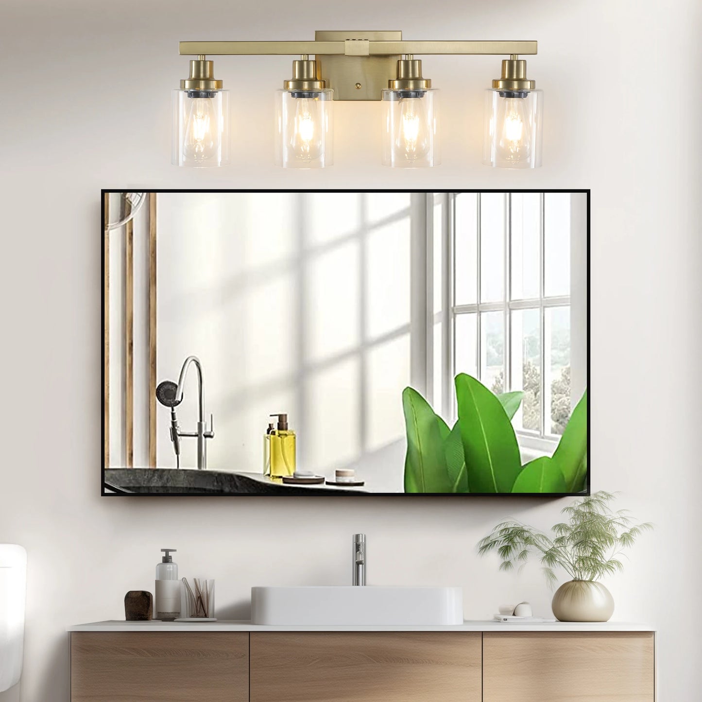 4 Lights Gold Bathroom Vanity Mirror Wall Sconce with Glass Shade