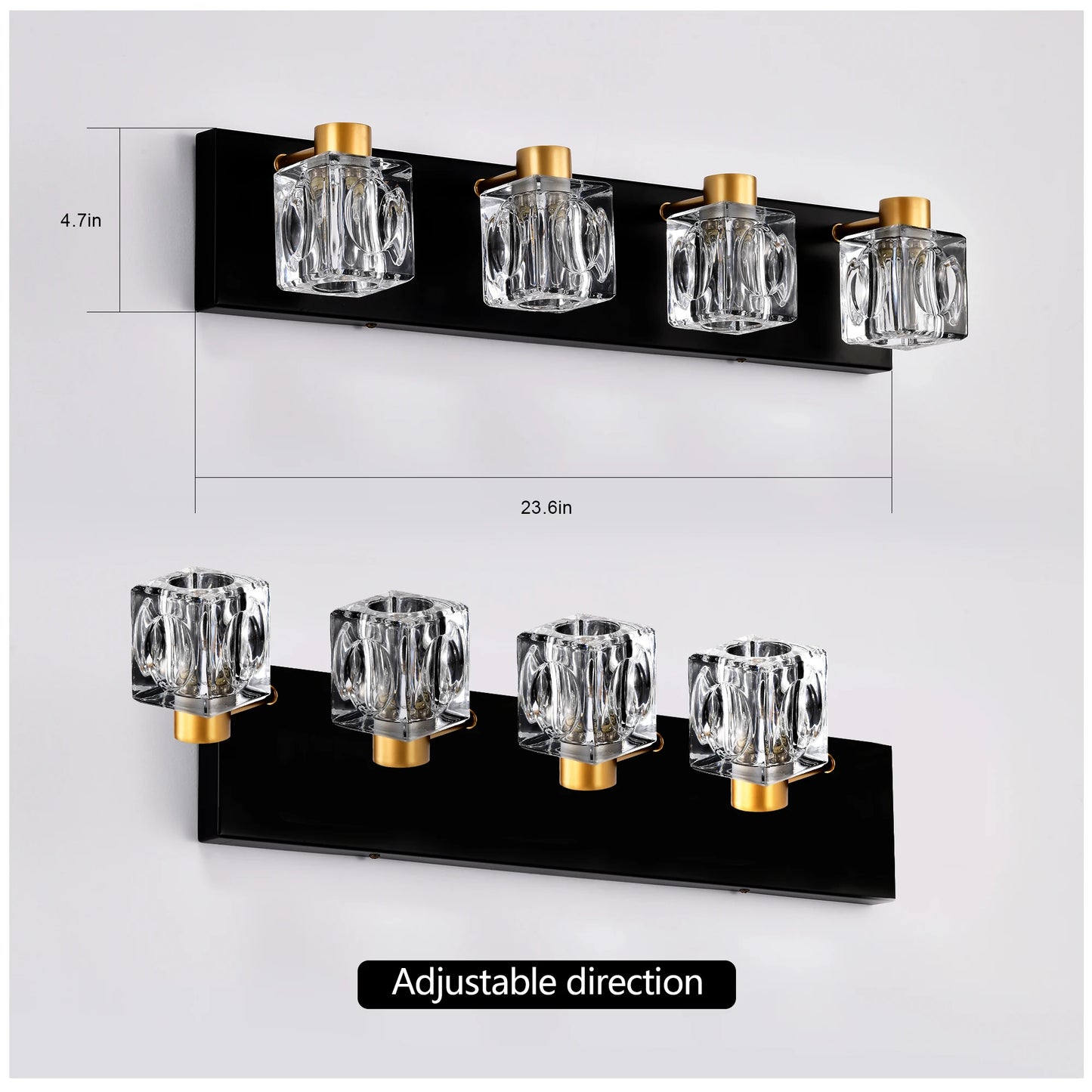 4-Light Matte Black + Gold Bathroom Light Fixture with Crystal Glass Shade