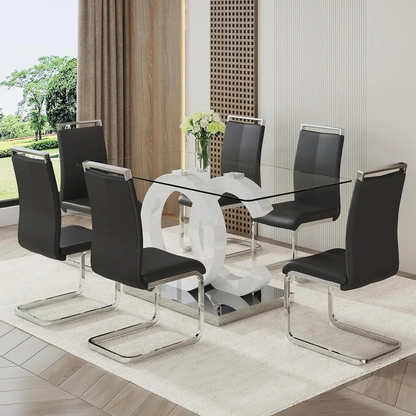 7 Piece Tempered Glass Table Top Dining Table Set