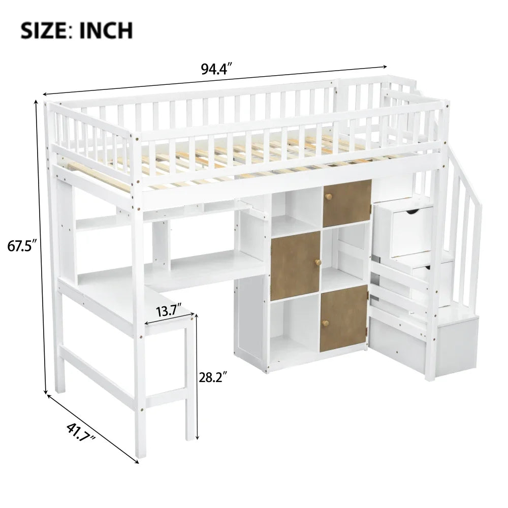 Wood Twin Size Loft Bed with Built-in Desk