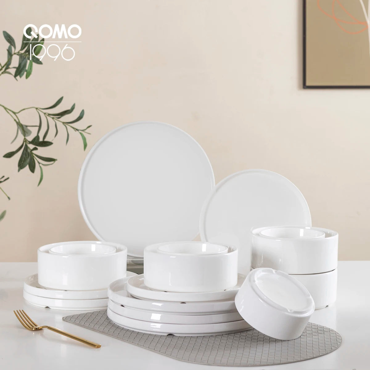 QOMO 16-Piece Dinnerware Set, Service for 4, White