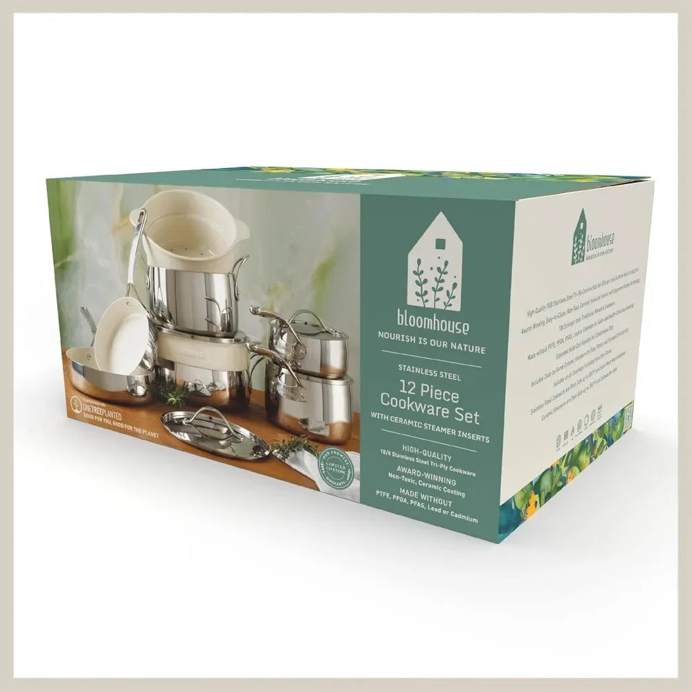 Oprah's Favorite Things - 12 Piece Triply Stainless Steel Cookware Set W/Non-Stick Non-Toxic Ceramic Interior