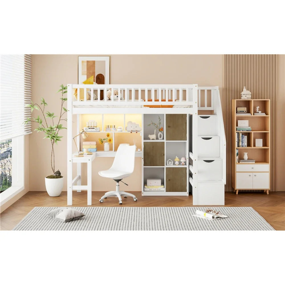 Wood Twin Size Loft Bed with Built-in Desk