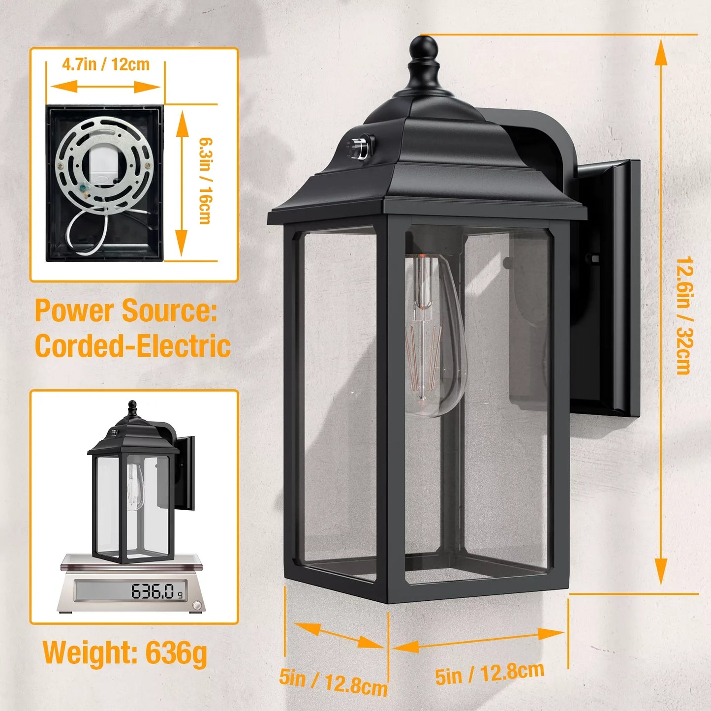 2 piece Exterior Porch Sconce, Black
