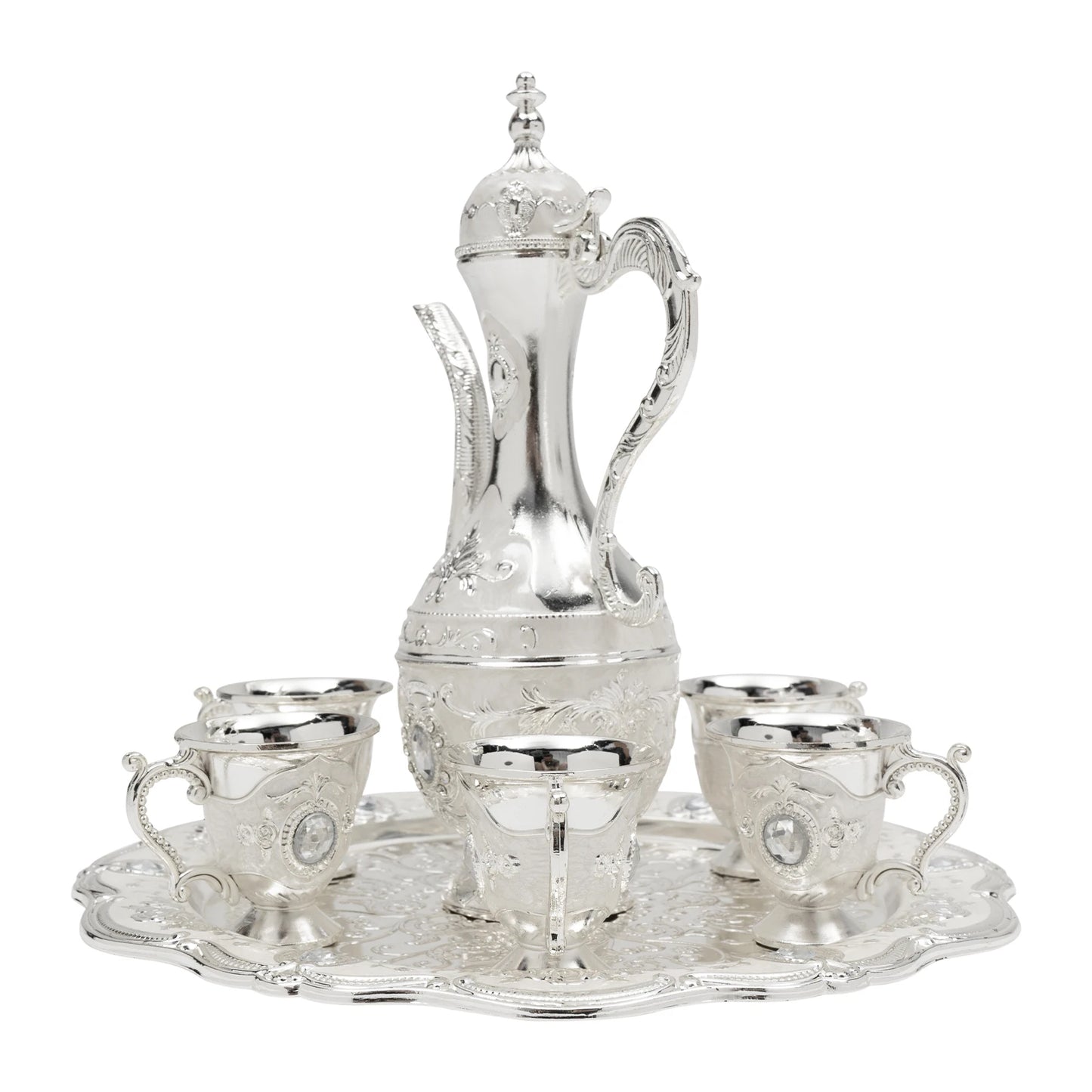 Vintage Turkish Coffee Set with Pot and 6 Cups, Silver